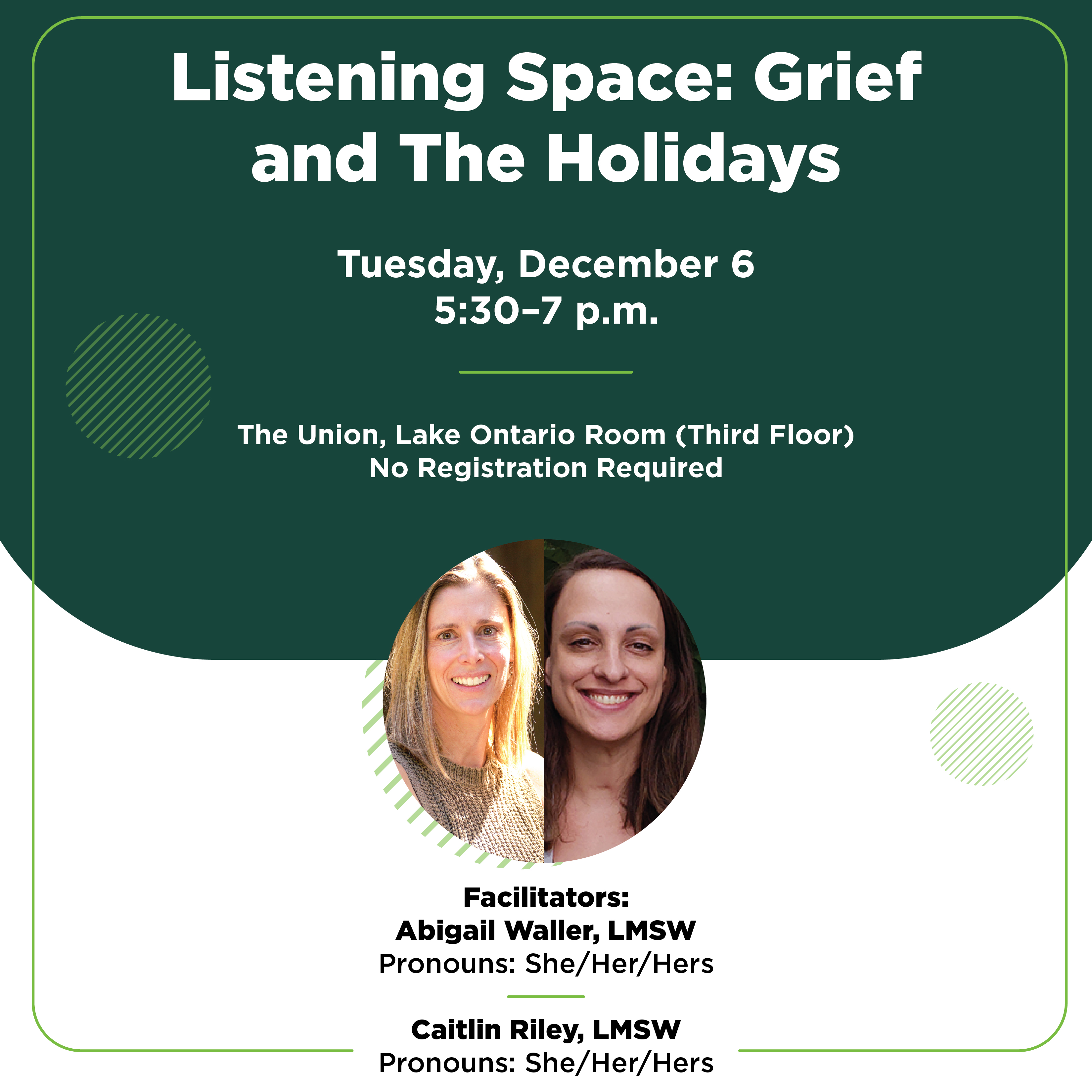 A flyer preview giving the time, date and location details of the listening space. Photos of Abigail Waller and Caitlin Riley also appear. both are smiling at the camera, enjoying time outside.