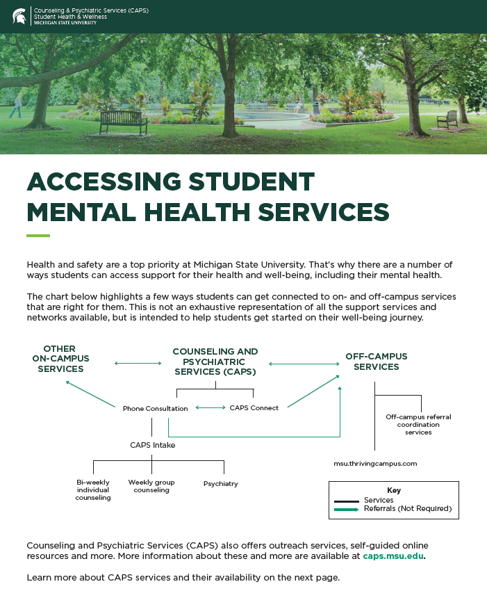 Preview of a handout that includes a flow chart about accessing mental health services