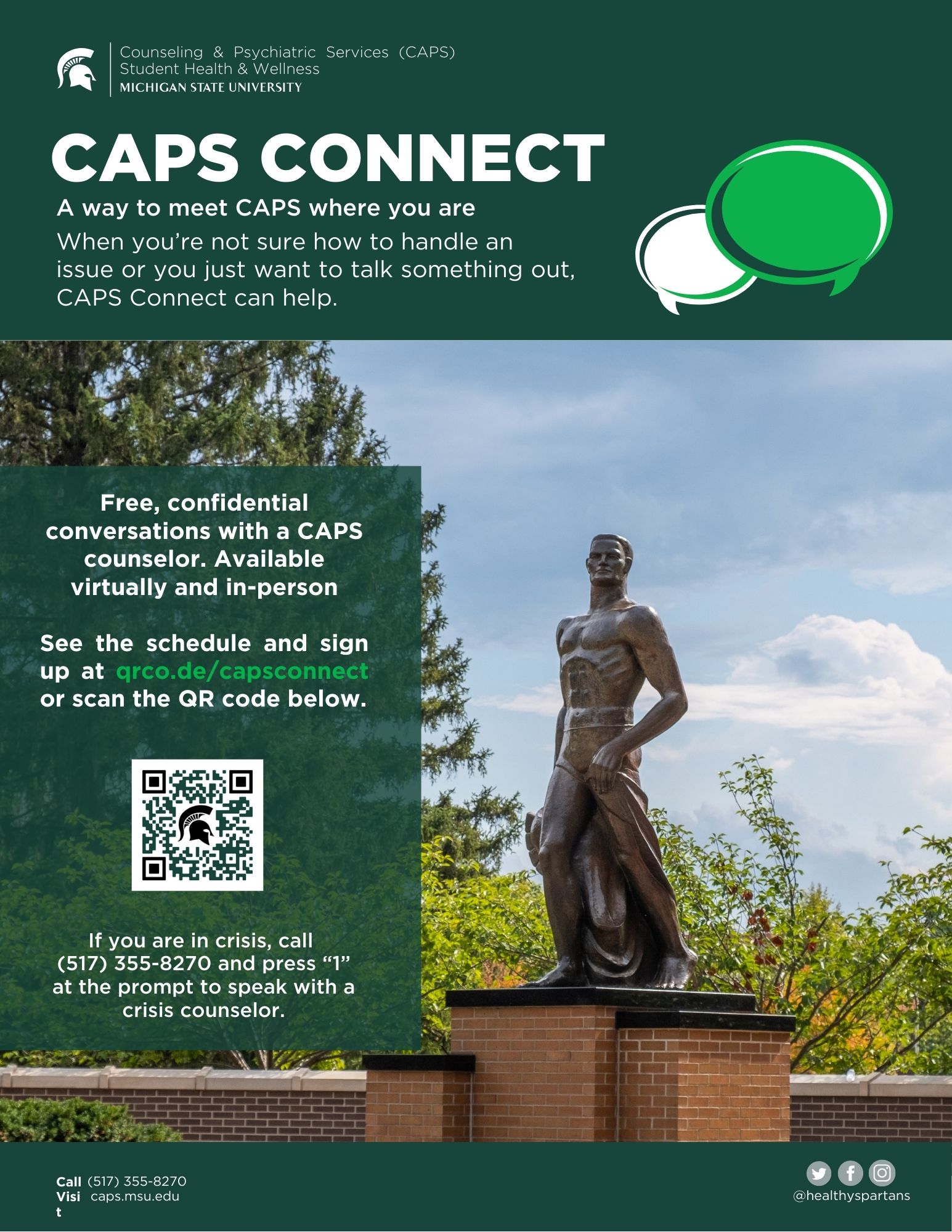 Preview image of CAPS Connect flyer with image of Sparty statue, QR code and CAPS description.